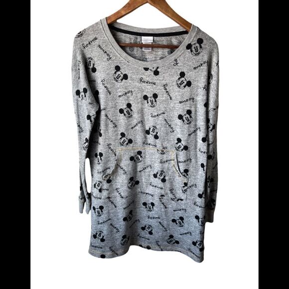 DISNEY long sleeve grey scoop neck Mickey Mouse night gown in kangaroo pocket - Picture 1 of 9